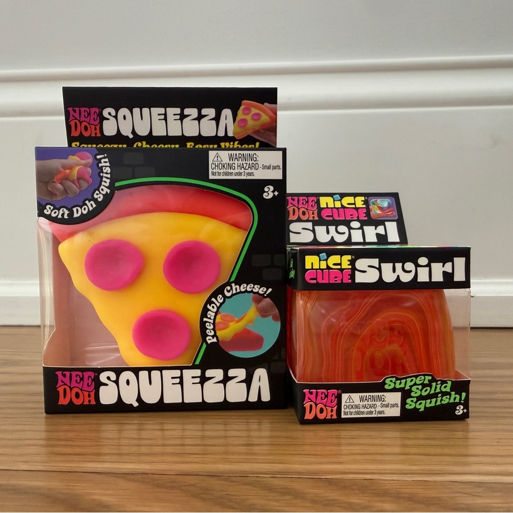 NeeDoh Squeezza Pizza Squish Toy + Nice Cube Swirl Set - Yellow & Orange